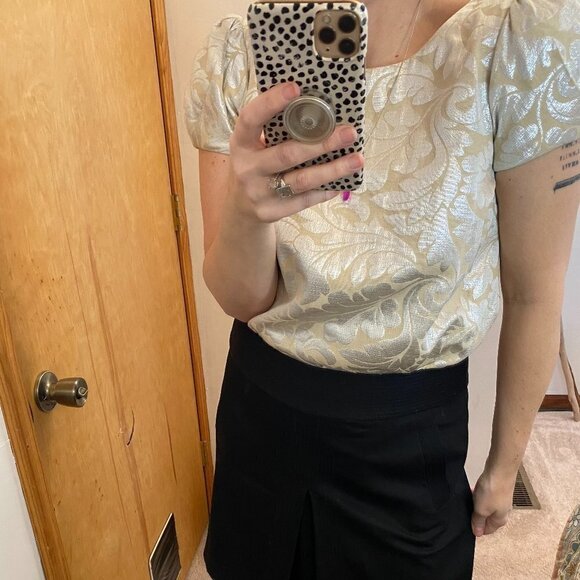 Tibi NY Silver and Gold Metallic Jacquard Leaf Bubble Sleeve Holiday Top - Picture 3 of 13